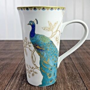 222 Fifth Porcelain Tall Latte Mug Cup Peacock Garden Teal Gold 16 oz